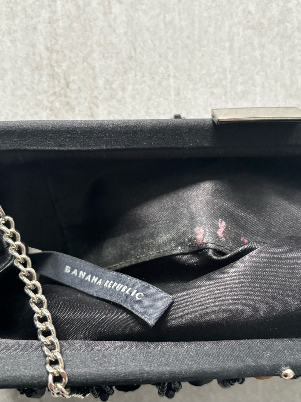 Banana Republic Black Satin Beaded Clutch with Silver Chain - Picture 6 of 8